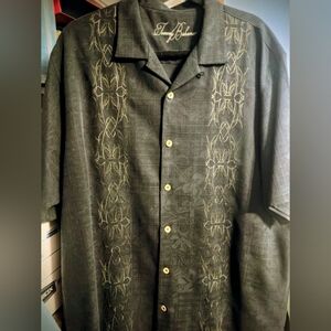 Tommy Bahama 100% Silk Camp Shirt Island Chopper Bike Shop Embroidered L